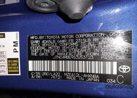2025 Toyota Corolla Xse from USA, damaged, VIN JTNC4MBE9S3253123